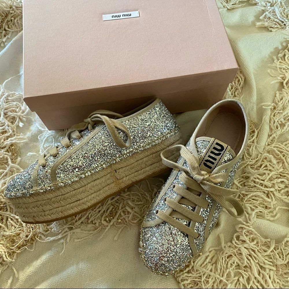 MIU MIU Logo Lace Up Platform Espadrille Sneakers